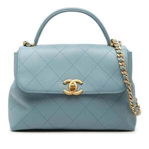 Chanel Coco Mark Matelassé Handbag, Top Handle Shoulder Bag, 2-Way, Blue Gold...